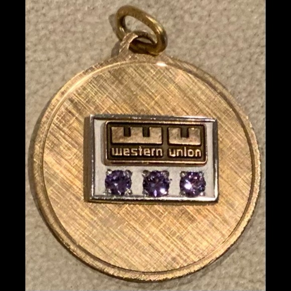 Vintage Circa 1970s Western Union WU 12K Gold Pendant Purple Amethyst Stones - Picture 1 of 4